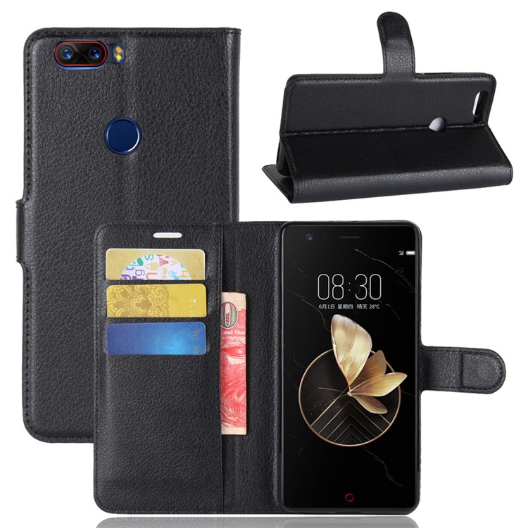 For ZTE nubia Z17 Litchi Texture Leather Wallet Stand Phone Accessory Case - Black-1