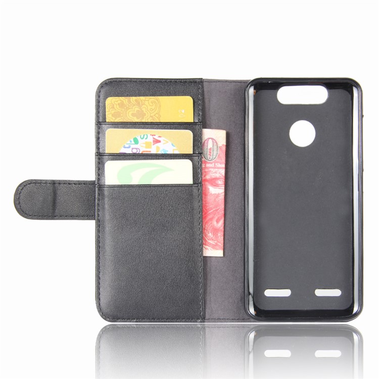 Genuine Split Leather Wallet Stand Phone Case for ZTE Blade V8 Mini - Black-4