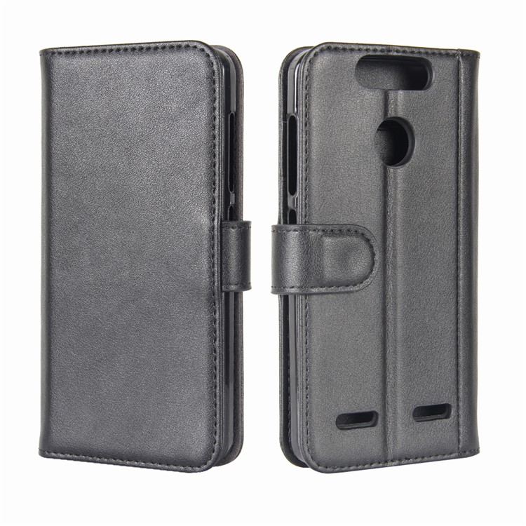 Genuine Split Leather Wallet Stand Phone Case for ZTE Blade V8 Mini - Black-8