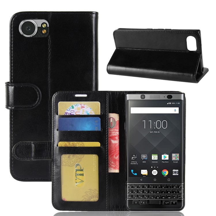 Crazy Horse Stand Wallet Leather Mobile Phone Casing for BlackBerry Keyone - Black-1