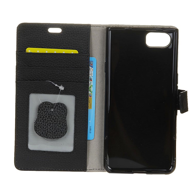 For BlackBerry Motion Litchi Grain Genuine Leather Wallet Stand Case - Black-5