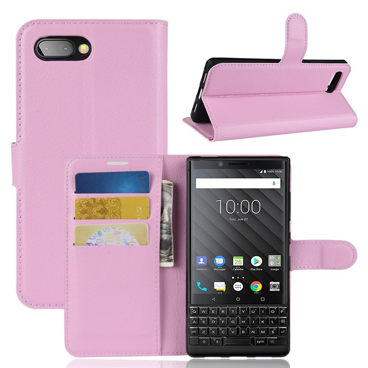 Litchi Texture Wallet Stand Leather Protective Shell Case for BlackBerry Key2 - Pink-1