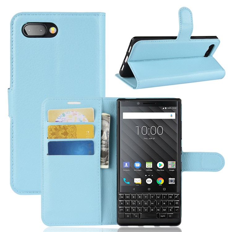 Litchi Texture Wallet Stand Leather Cell Phone Case for BlackBerry Key2 - Blue-1