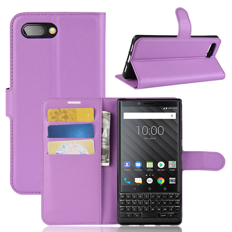 Litchi Texture Wallet Stand Leather Case Accessory for BlackBerry Key2 - Purple-1