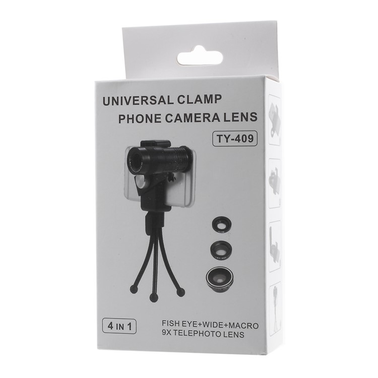 TY409 Universal 9X Wide-angle Lens + 9X Fisheye Lens + 9X Macro Lens + Clamp + Tripod Kit-12