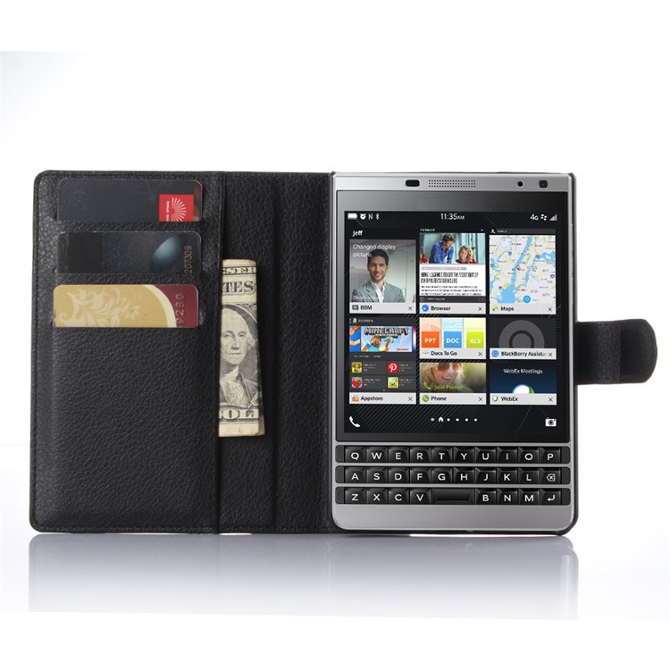 Litchi Leather Case Wallet Cover for BlackBerry Passport Silver Edition - Black-4