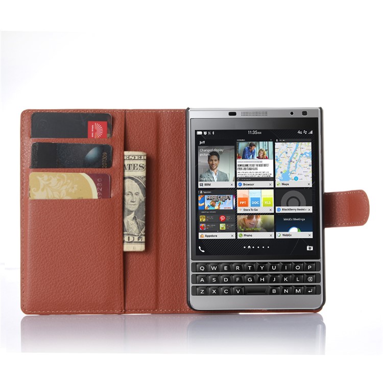 Litchi Leather Case Wallet Cover for BlackBerry Passport Silver Edition - Brown-4