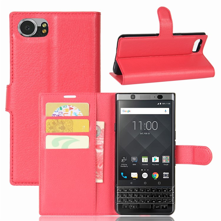 Litchi Grain Wallet Leather Case with Stand for BlackBerry Keyone - Red-1