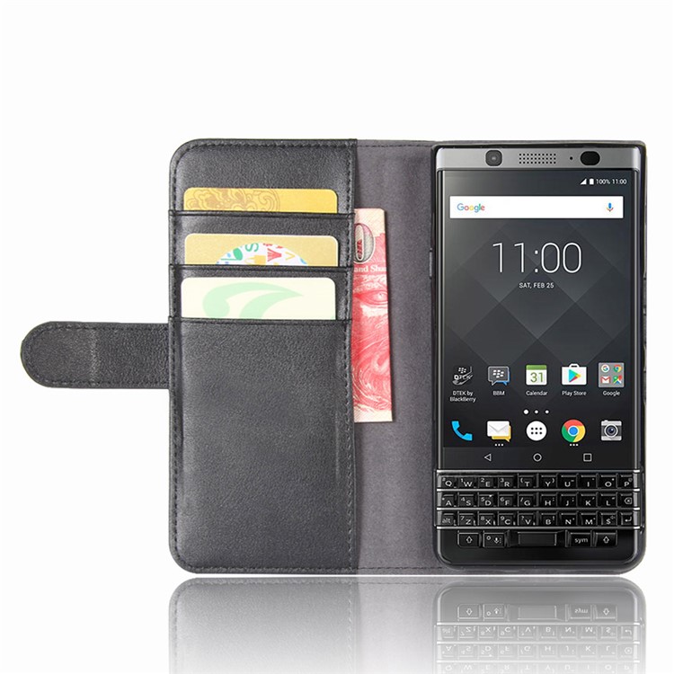 Genuine Split Leather Wallet Phone Casing Cover with Stand for BlackBerry Keyone - Black-8
