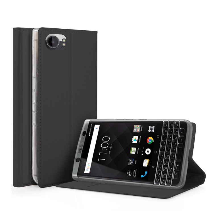 Auto-absorbed Leather Card Holder Stand Phone Case for BlackBerry Keyone - Black-1