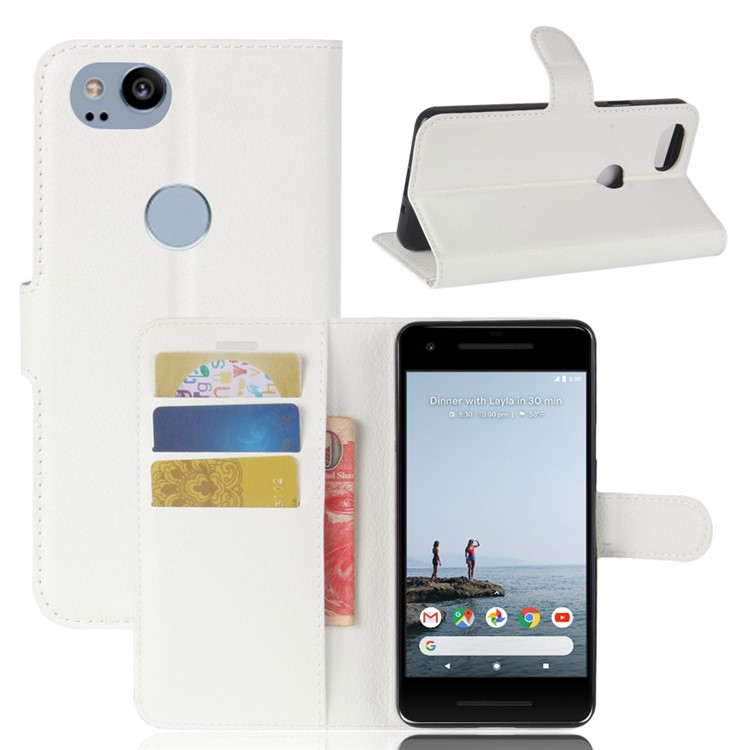 Litchi Skin Wallet Leather Stand Cover for Google Pixel 2 XL - White-1