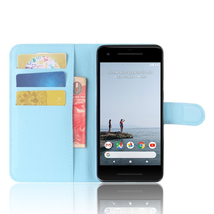 Litchi Skin Wallet Leather Cell Phone Case for Google Pixel 2 XL - Baby Blue-4