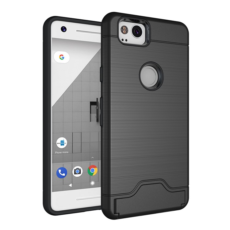 Brushed PC TPU Hybrid Kickstand Case with Card Slot for Google Pixel 2 - Black-1