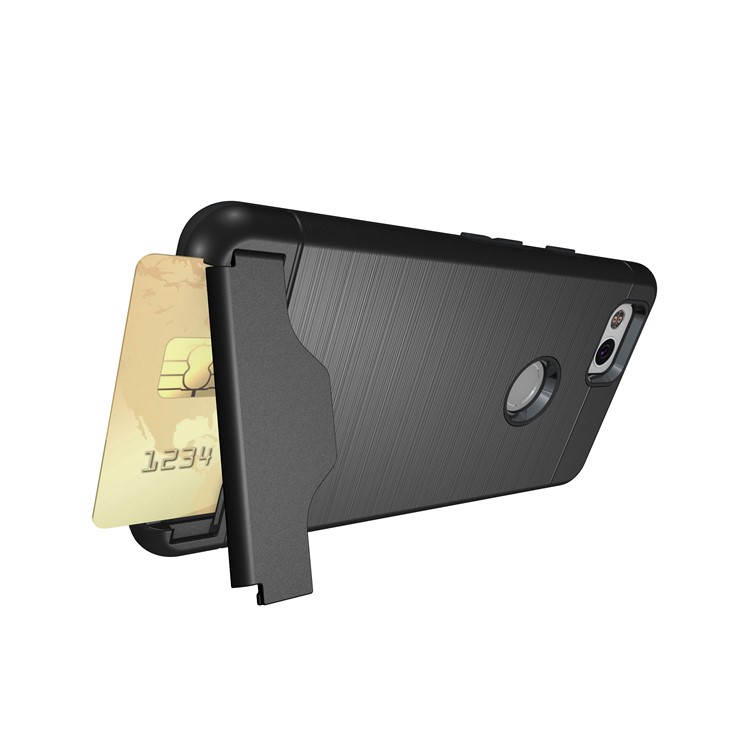 Brushed PC TPU Hybrid Kickstand Case with Card Slot for Google Pixel 2 - Black-10