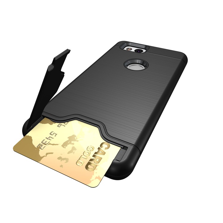 Brushed PC TPU Hybrid Kickstand Case with Card Slot for Google Pixel 2 - Black-2