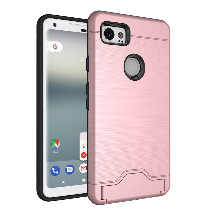 Brushed PC + TPU Hybrid Shell with Kickstand and Card Slot for Google Pixel 2 XL - Rose Gold-1