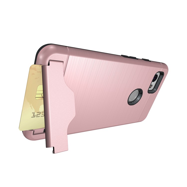 Brushed PC + TPU Hybrid Shell with Kickstand and Card Slot for Google Pixel 2 XL - Rose Gold-10