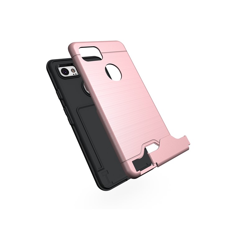 Brushed PC + TPU Hybrid Shell with Kickstand and Card Slot for Google Pixel 2 XL - Rose Gold-3