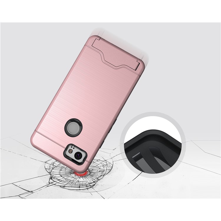 Brushed PC + TPU Hybrid Shell with Kickstand and Card Slot for Google Pixel 2 XL - Rose Gold-4