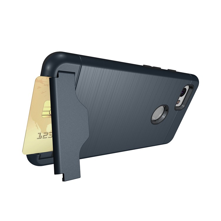 Brushed PC TPU Kickstand Card Slot Back Phone Case for Google Pixel 2 XL - Dark Blue-10