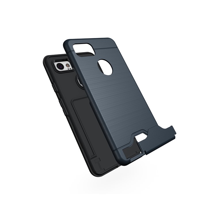 Brushed PC TPU Kickstand Card Slot Back Phone Case for Google Pixel 2 XL - Dark Blue-3