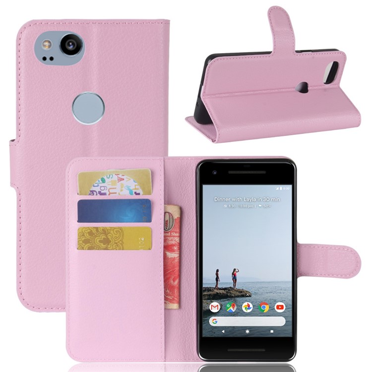 Litchi Grain Wallet PU Leather Mobile Case with Stand for Google Pixel 2 - Pink-1