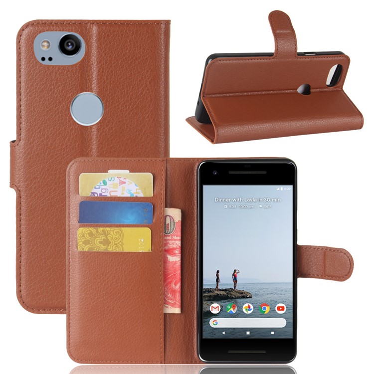 Litchi Skin Wallet Stand Leather Cover Protector for Google Pixel 2 - Brown-1