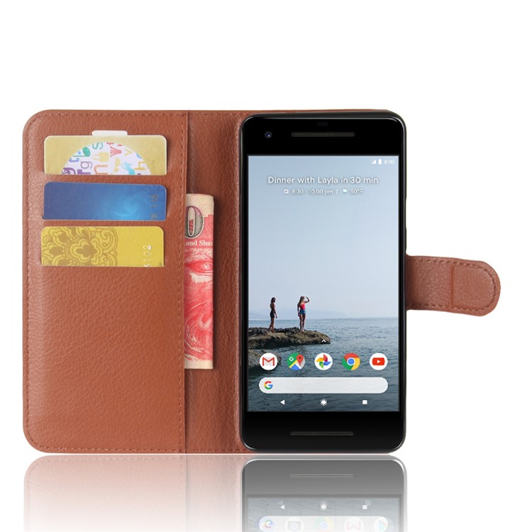 Litchi Skin Wallet Stand Leather Cover Protector for Google Pixel 2 - Brown-4
