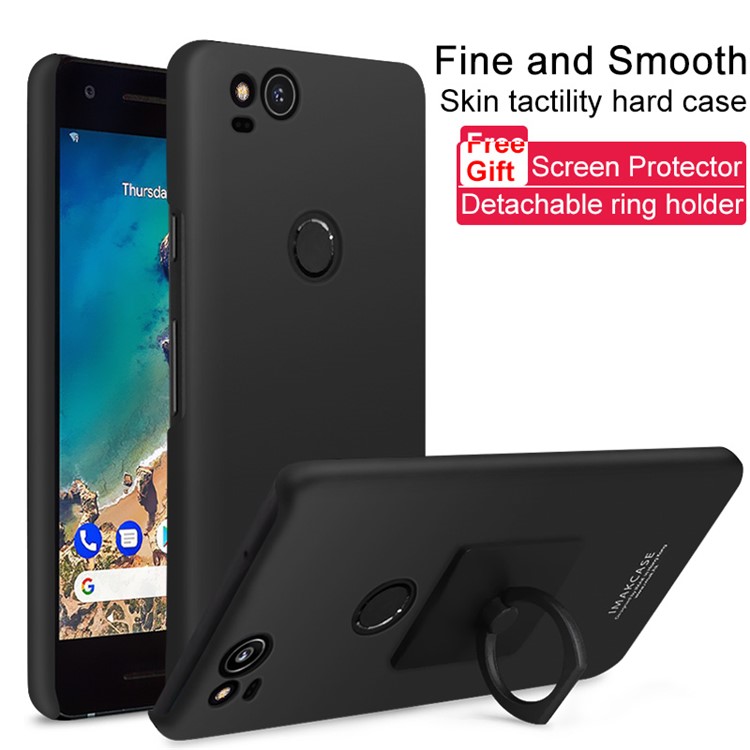 IMAK Cowboy Shell Matte Plastic Case with Ring Stand + Screen Film for Google Pixel 2 - Metal Black-1