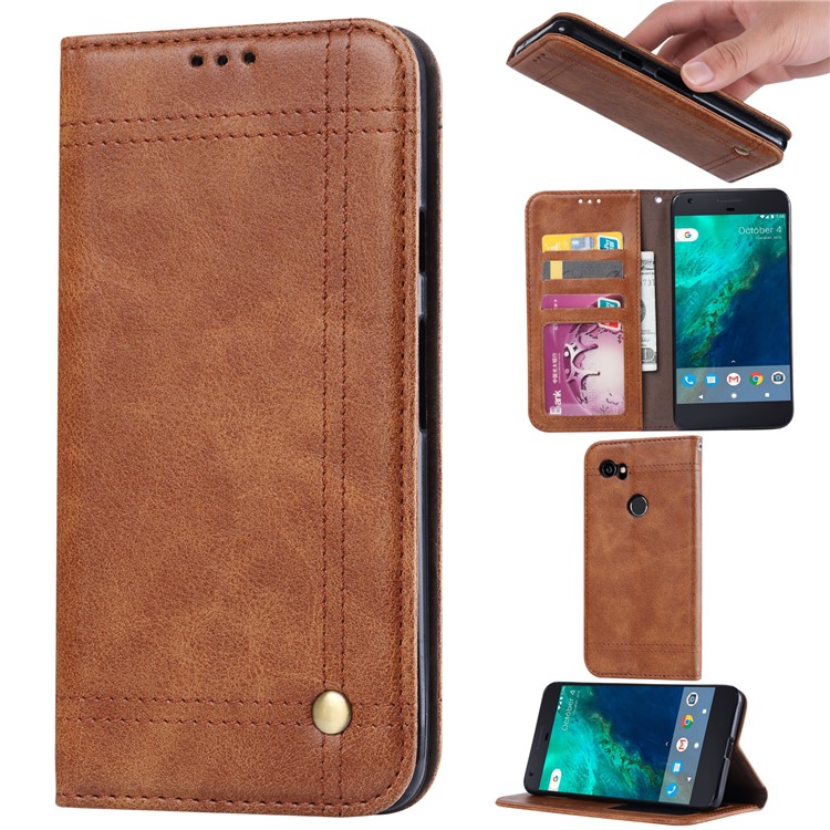 Retro Style Auto-absorbed Wallet Leather Mobile Phone Case for Google Pixel 2 - Brown-1