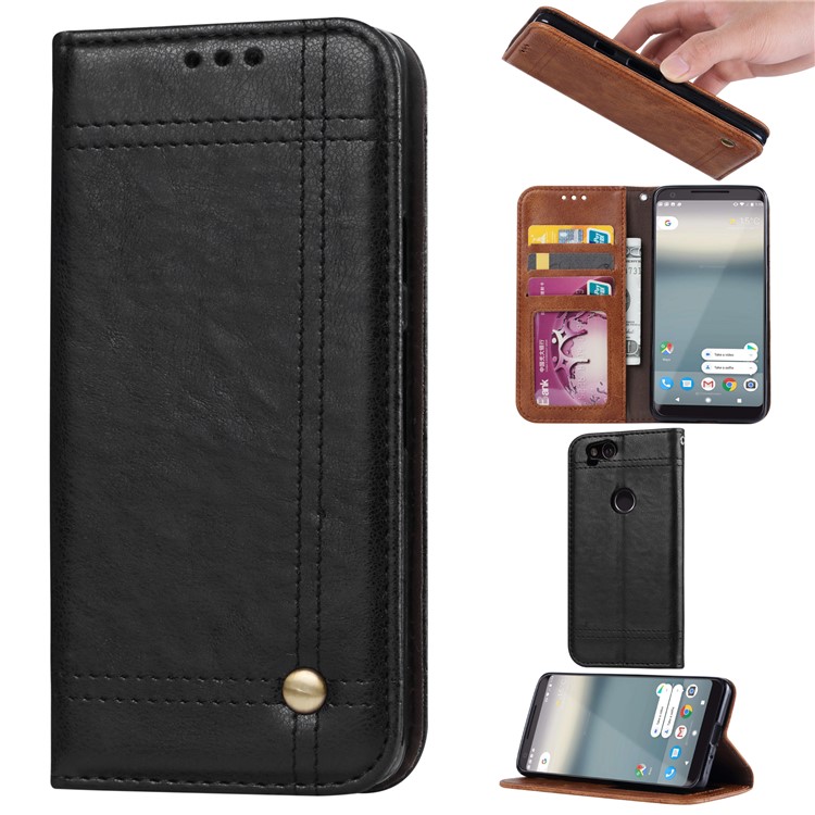 Vintage Leather Wallet Stand Case with Magnetic Adsorption for Google Pixel 2 XL / XL2 - Black-1