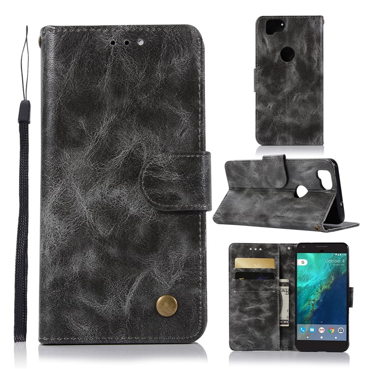 Premium Vintage PU Leather Wallet Stand Cover for Google Pixel 2 - Grey-1