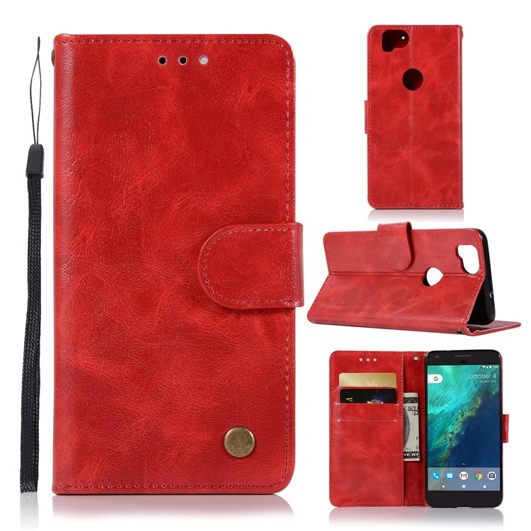 Premium Vintage PU Leather Wallet Stand Shell for Google Pixel 2 - Red-1