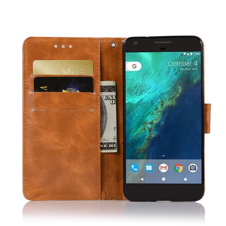 Premium Vintage PU Leather Wallet Stand Casing for Google Pixel 2 - Brown-4