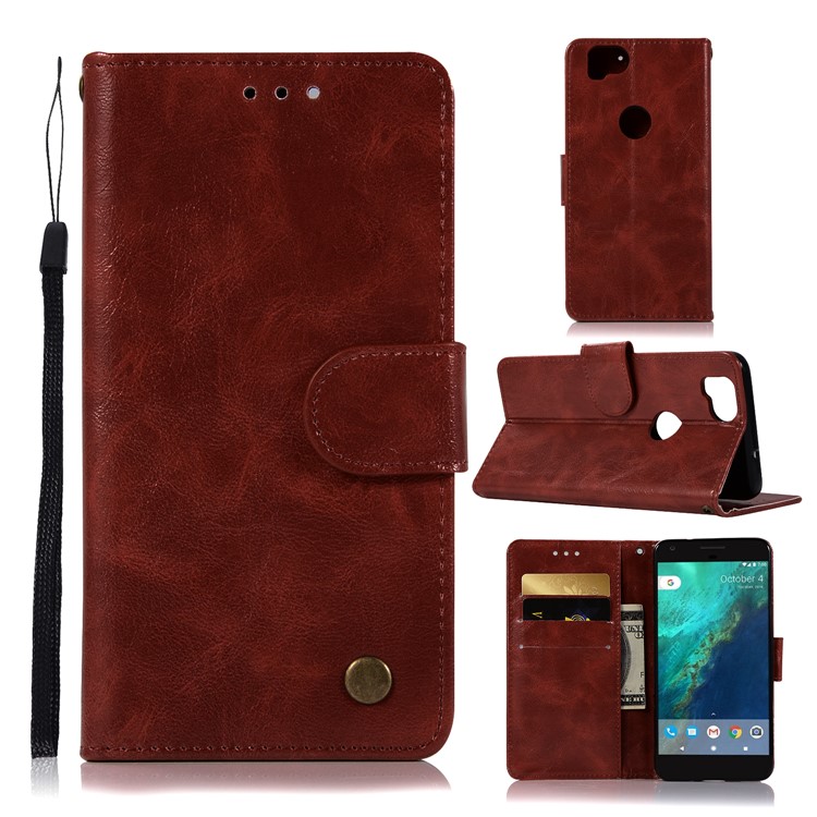 Premium Vintage PU Leather Wallet Stand Mobile Phone Case for Google Pixel 2 - Wine Red-1