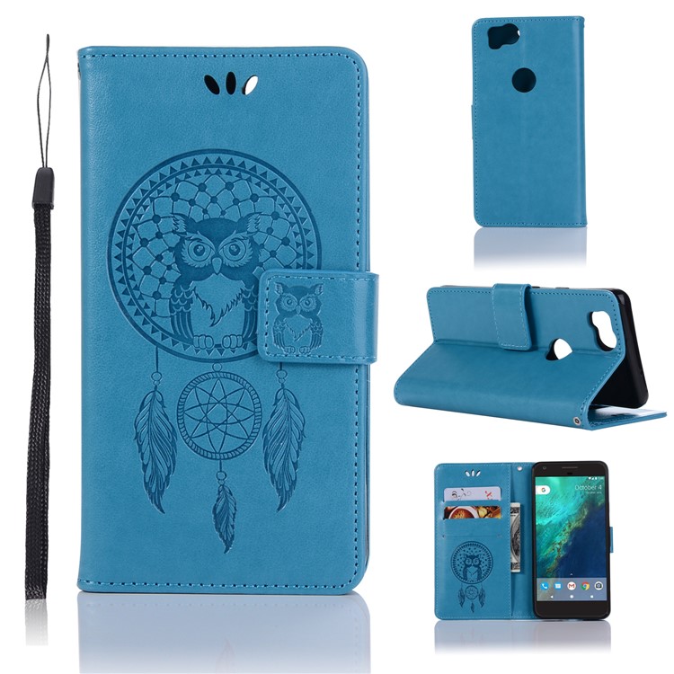 Imprint Dream Catcher Owl Magnetic Wallet PU Leather Stand Cell Phone Cover for Google Pixel 2 - Blue-1