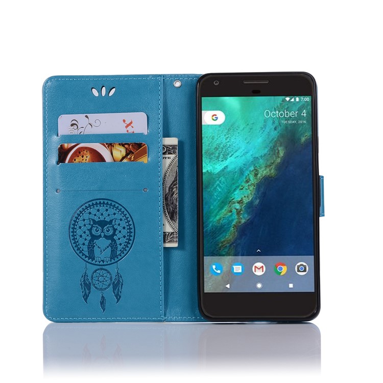 Imprint Dream Catcher Owl Magnetic Wallet PU Leather Stand Cell Phone Cover for Google Pixel 2 - Blue-4