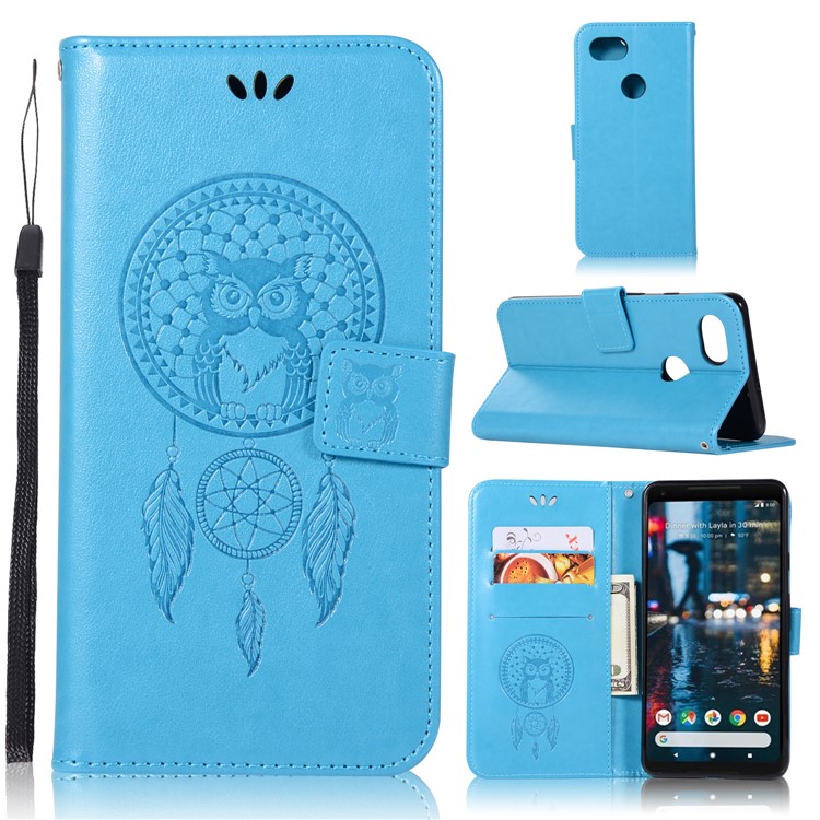 For Google Pixel 2 XL/Pixel XL2 Imprint Dream Catcher Owl Magnetic Wallet PU Leather Shell - Blue-1