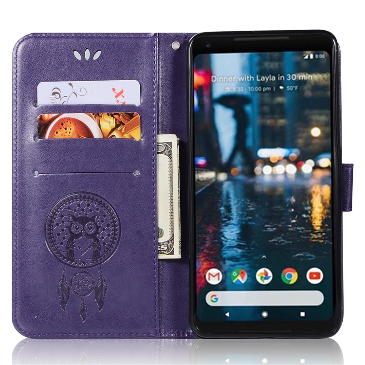 Imprint Dream Catcher Owl Magnetic Wallet PU Leather Stand Protective Case for Google Pixel 2 XL/Pixel XL2 - Purple-4