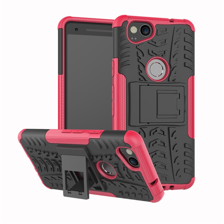 For Google Pixel 2 Tire Pattern PC + TPU Hybrid Kickstand Shell Cover - Rose-1