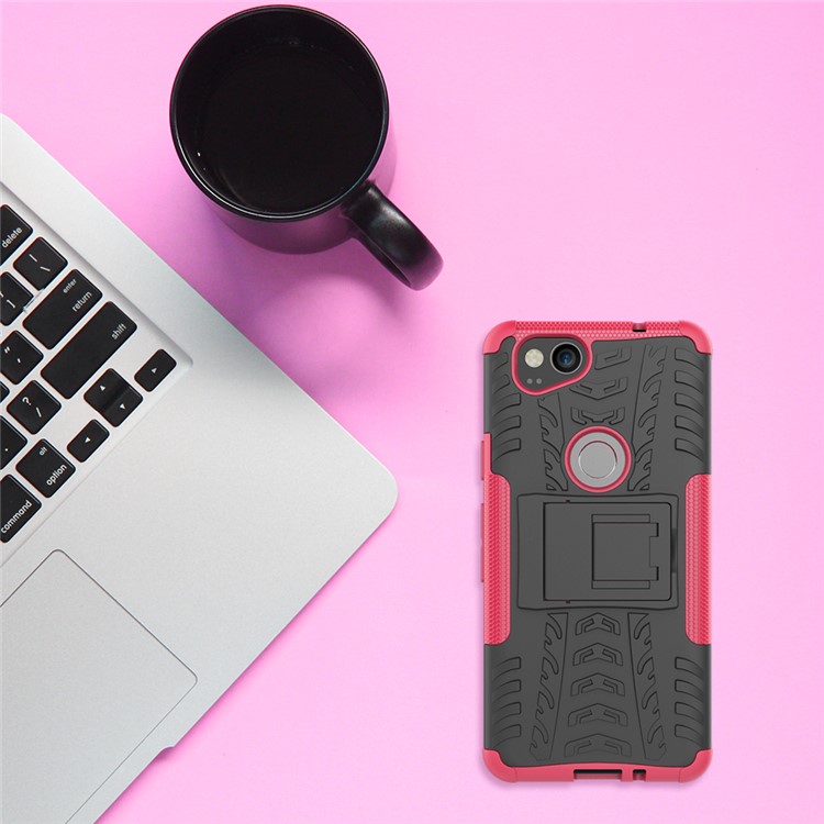 For Google Pixel 2 Tire Pattern PC + TPU Hybrid Kickstand Shell Cover - Rose-3