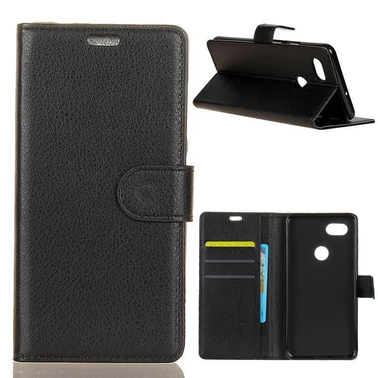 Litchi Skin Wallet Stand Leather Cell Phone Cover for Google Pixel 3 - Black-1