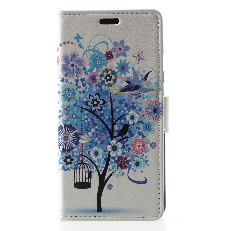 Pattern Printing Leather Wallet Cell Phone Cover for Google Pixel 3 - Blue Flowers Tree-1