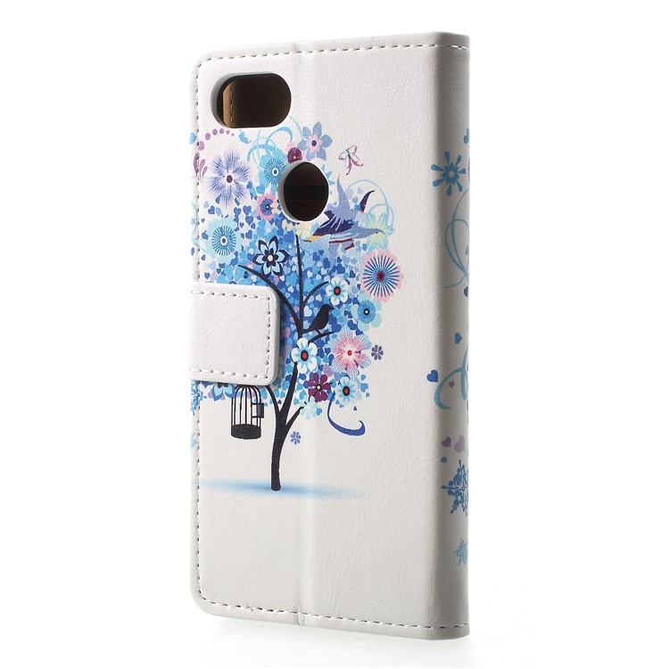 Pattern Printing Leather Wallet Cell Phone Cover for Google Pixel 3 - Blue Flowers Tree-2