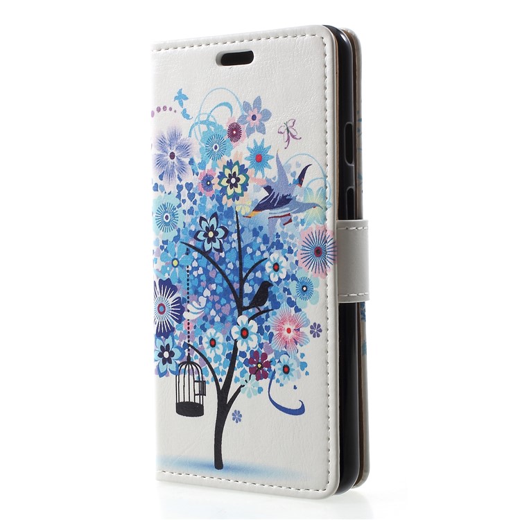 Pattern Printing Leather Wallet Cell Phone Cover for Google Pixel 3 - Blue Flowers Tree-3