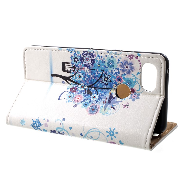 Pattern Printing Leather Wallet Cell Phone Cover for Google Pixel 3 - Blue Flowers Tree-4