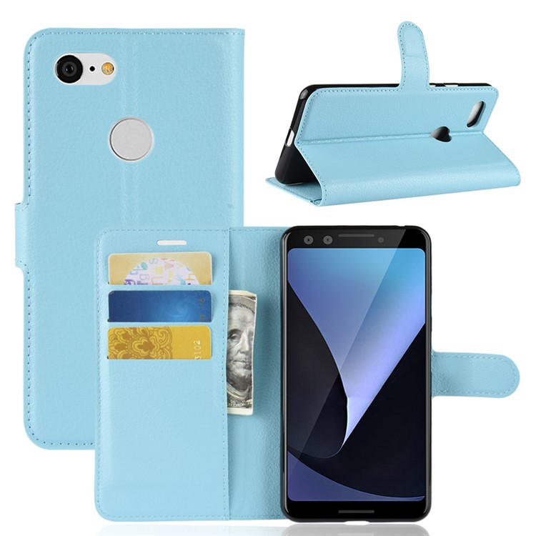 Litchi Texture Leather Wallet Stand Flip Case Accessory for Google Pixel 3 - Blue-1