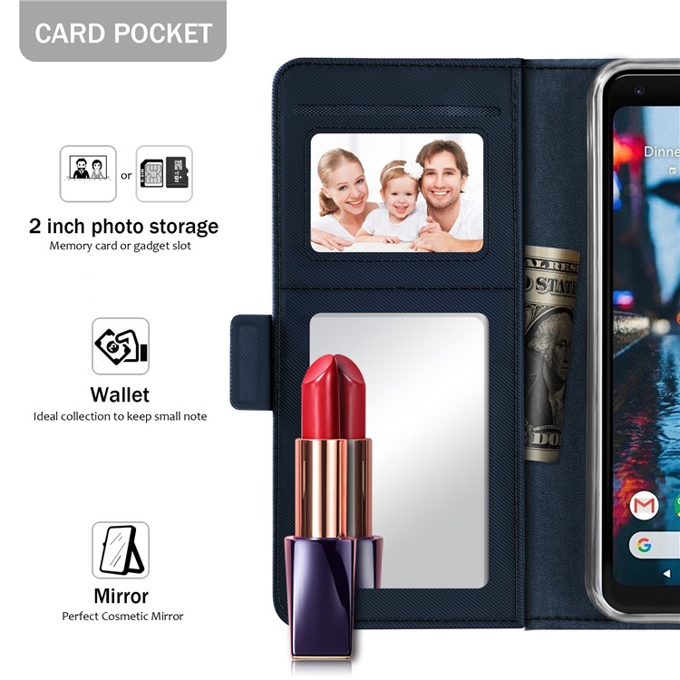 Carteira De Couro PU Stand Shell Com Titular Do Cartão E Espelho De Maquiagem Para O Google Pixel 3 - Azul Escuro-5