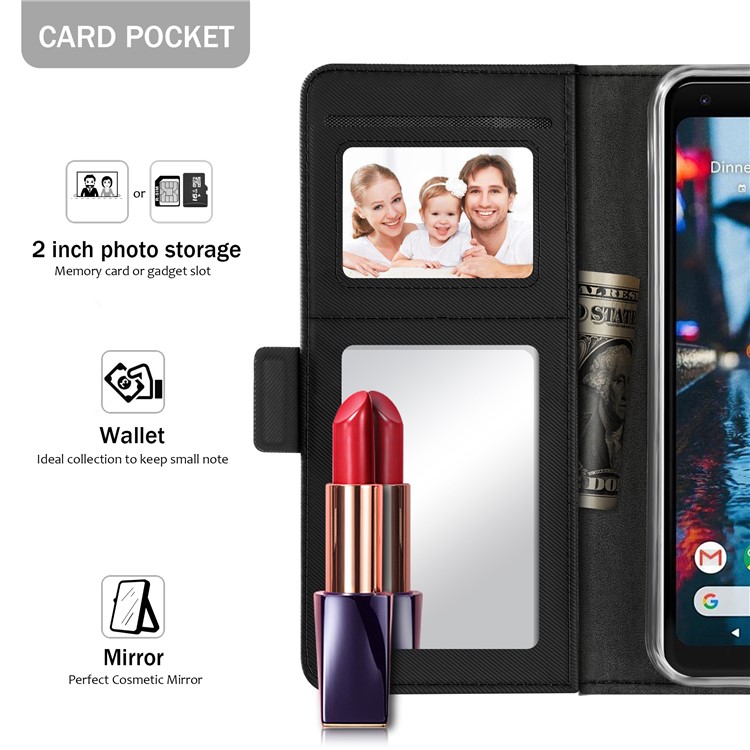 Leather Wallet Stand Case with Card Holder and Makeup Mirror for Google Pixel 3 XL - Black-5