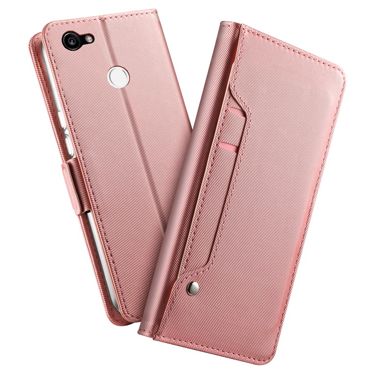 Leather Wallet Stand Cover with Card Holder and Makeup Mirror for Google Pixel 3 XL - Rose Gold-1